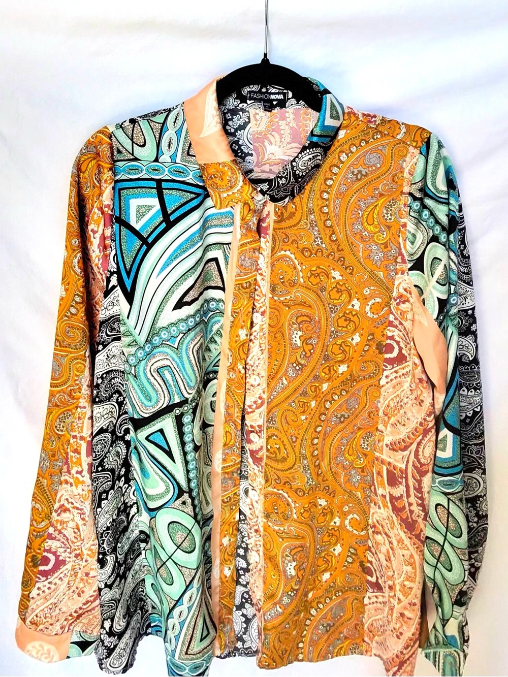 Fashion Nova Multicolor Paisley Button-Up Blouse in Orange, Teal & Black